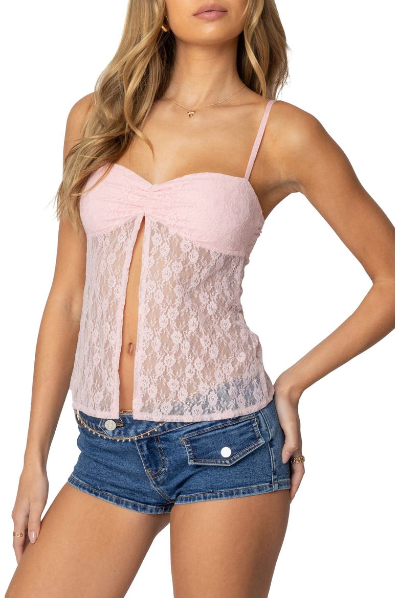 Priyua Sheer Lace Split Front Camisole, Alternate, color, PINK