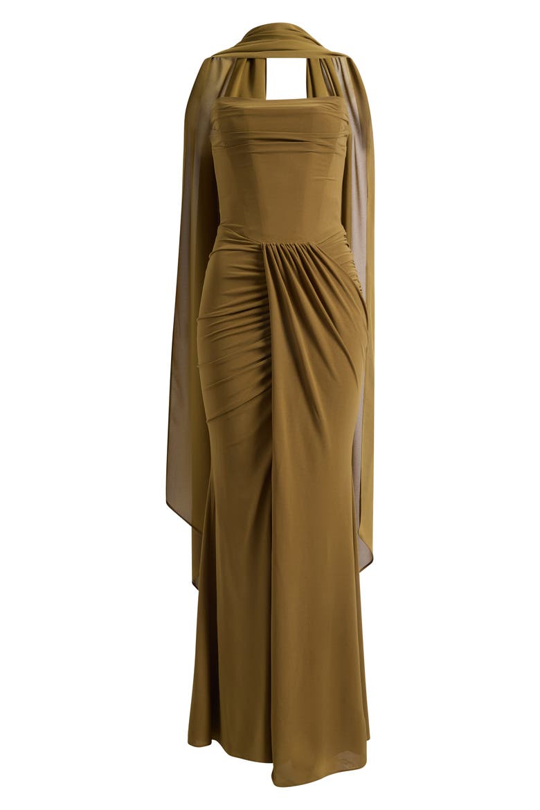 Portia Strapless Crepe Gown & Georgette Scarf Set, Main, color, OLIVE