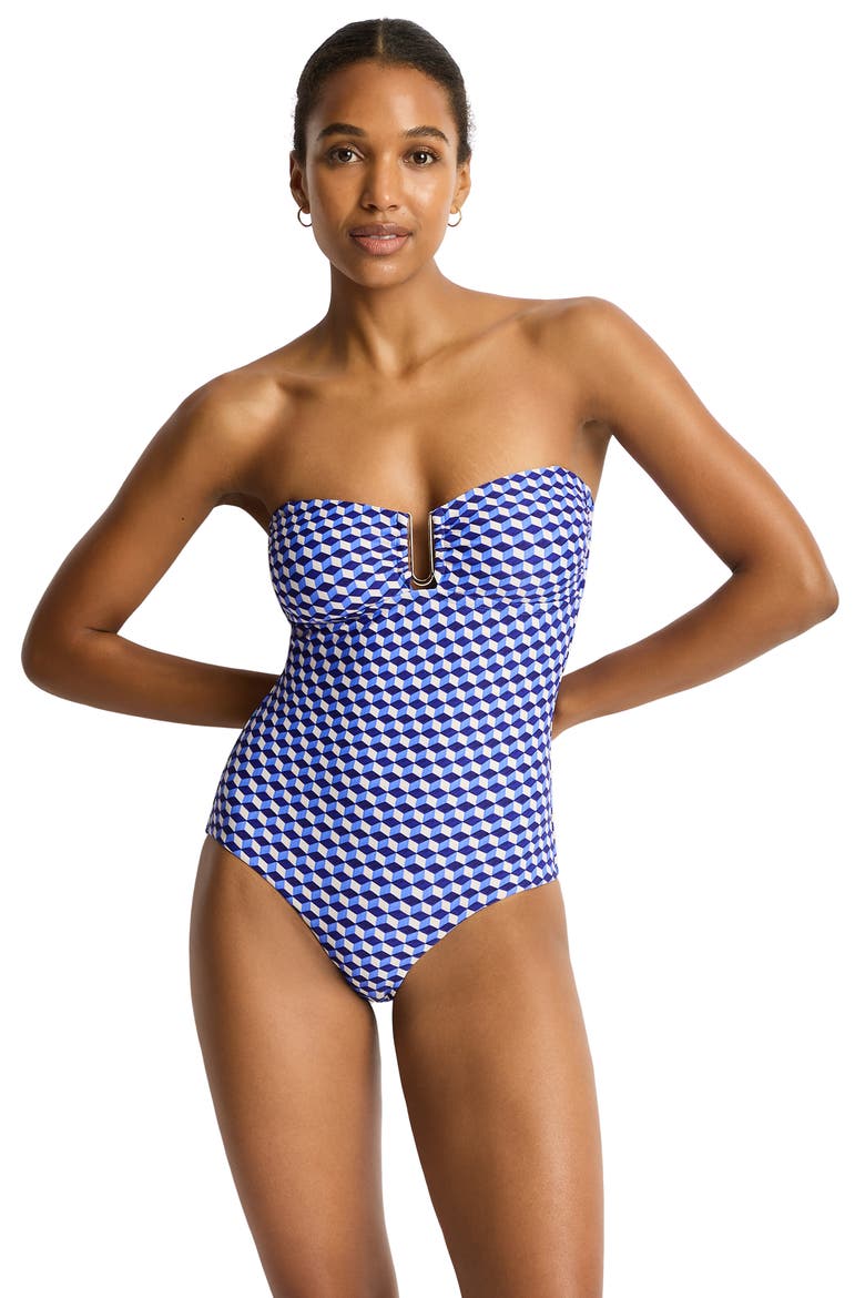 Solara Bar Bandeau One-Piece Swimsuit, Alternate, color, BLUE