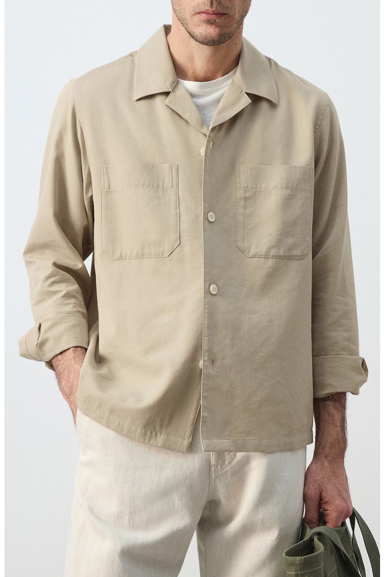 Long Sleeve Cotton Blend Button-Up Shirt, Main, color, BEIGE