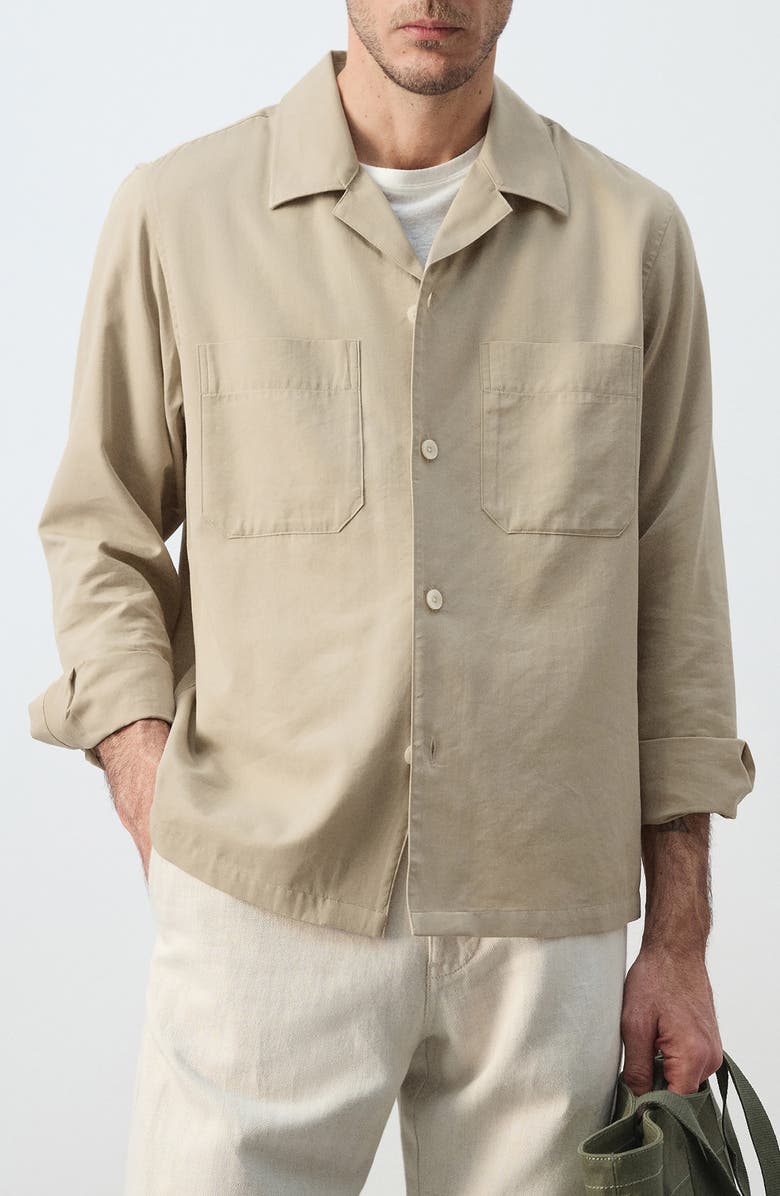 MANGO Long Sleeve Cotton Blend Button-Up Shirt, Main, color, Beige