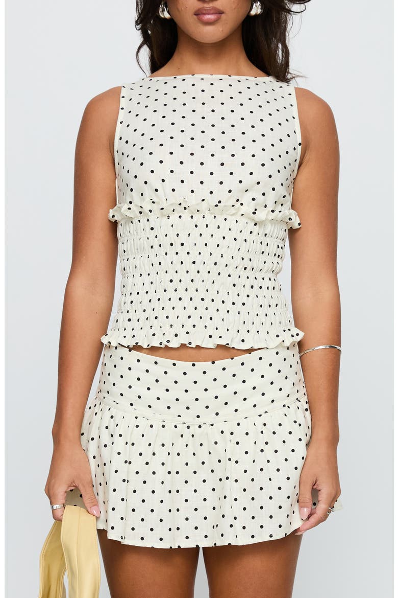 Roxee Polka Dot Smocked Linen Blend Tank, Main, color, CREAM POLKA