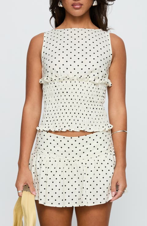 Roxee Polka Dot Smocked Linen Blend Tank