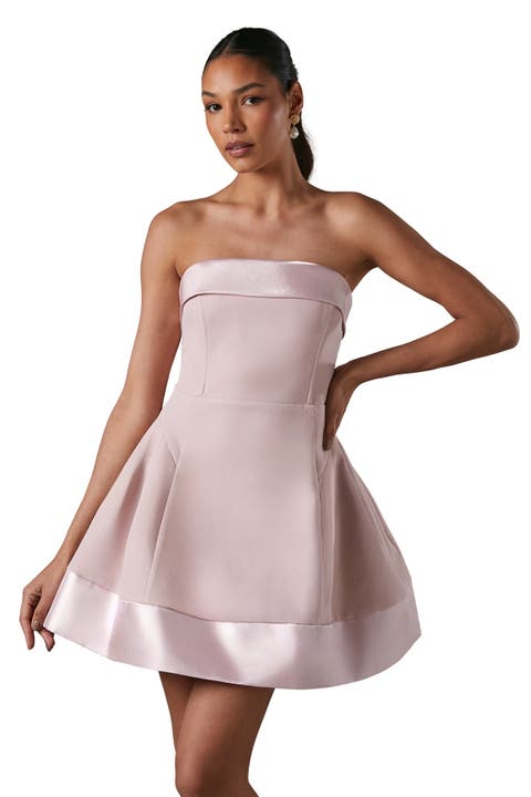 Bandeau Satin Detail Pleated Mini Dress