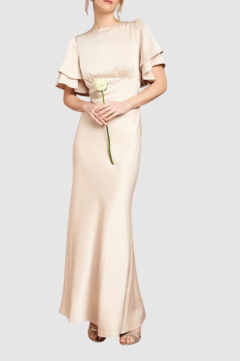 High Neck Crepe Maxi Dress, Alternate, color, Champagne