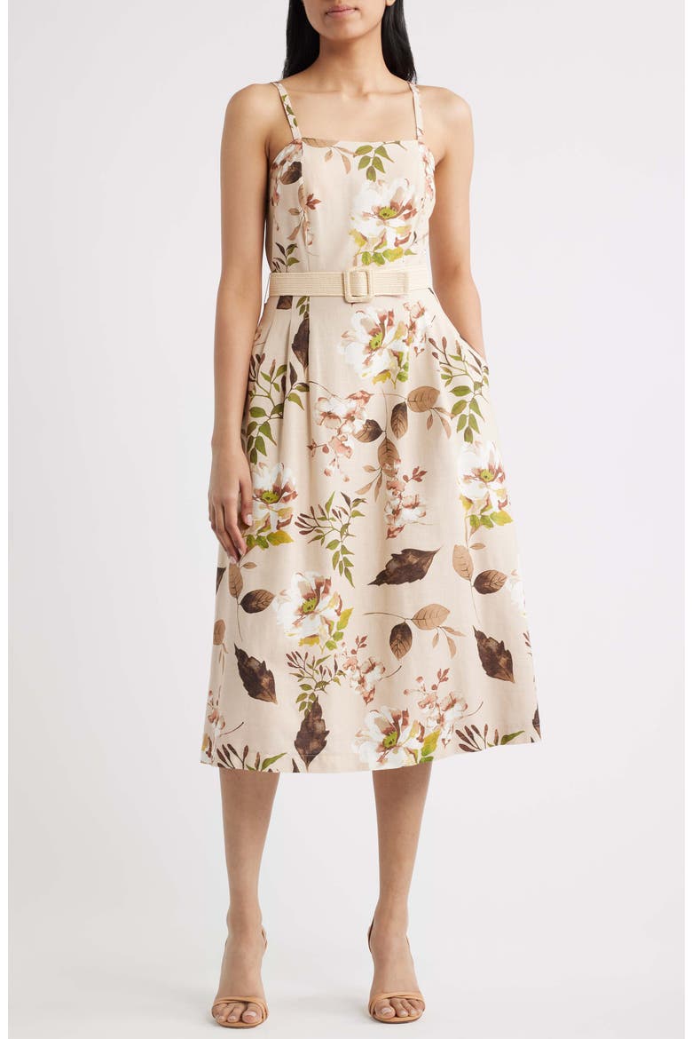 Floral Print Sleeveless Belted Midi Dress, Main, color, SAND AGAVE