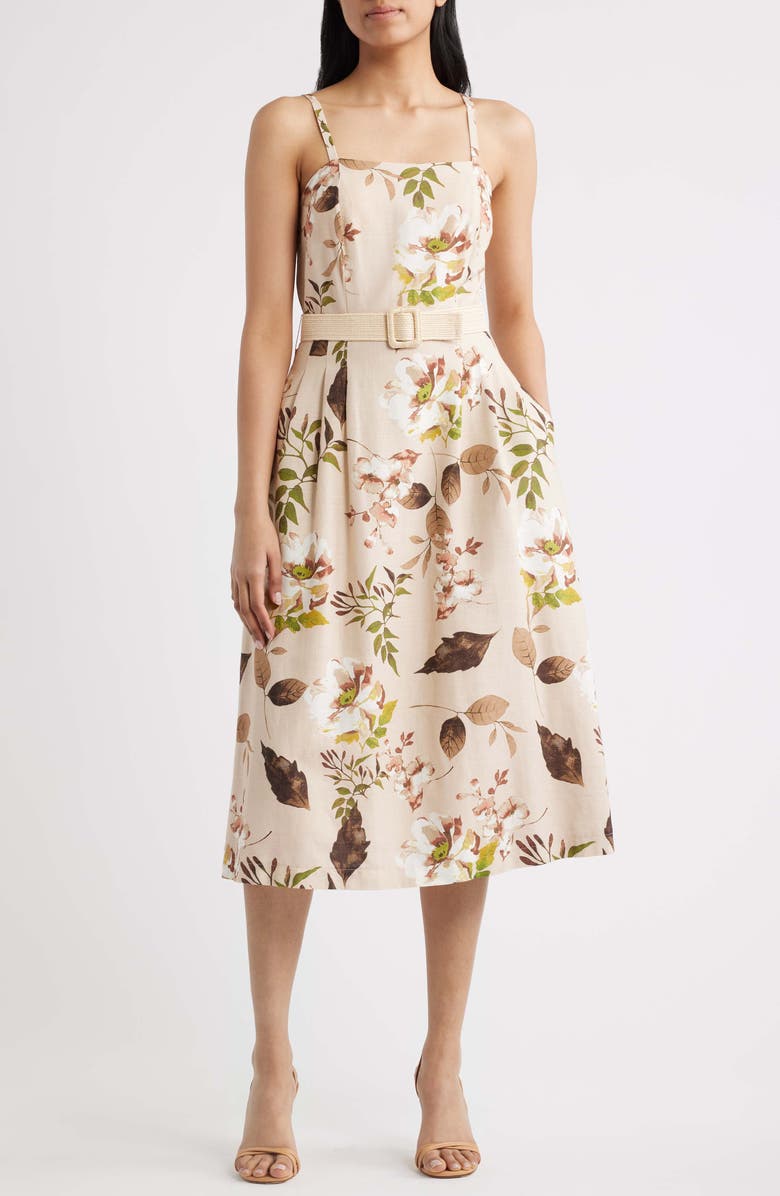Tahari ASL Floral Print Sleeveless Belted Midi Dress, Main, color, Sand Agave
