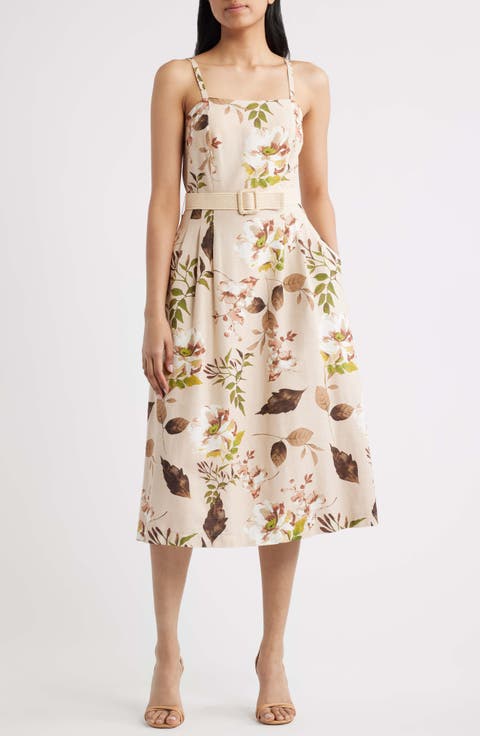 Floral Print Sleeveless Belted Midi Dress