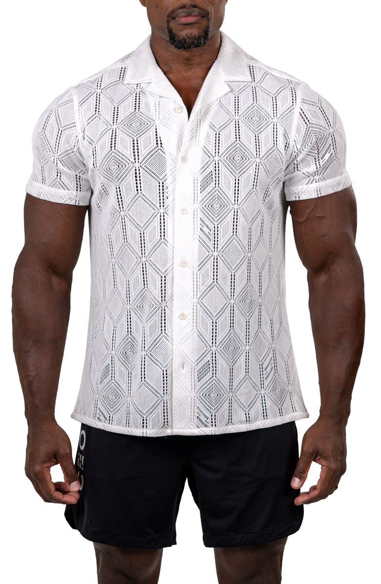 Maceoo Marthy Knit Short Sleeve Button-Up Shirt, Main, color, White