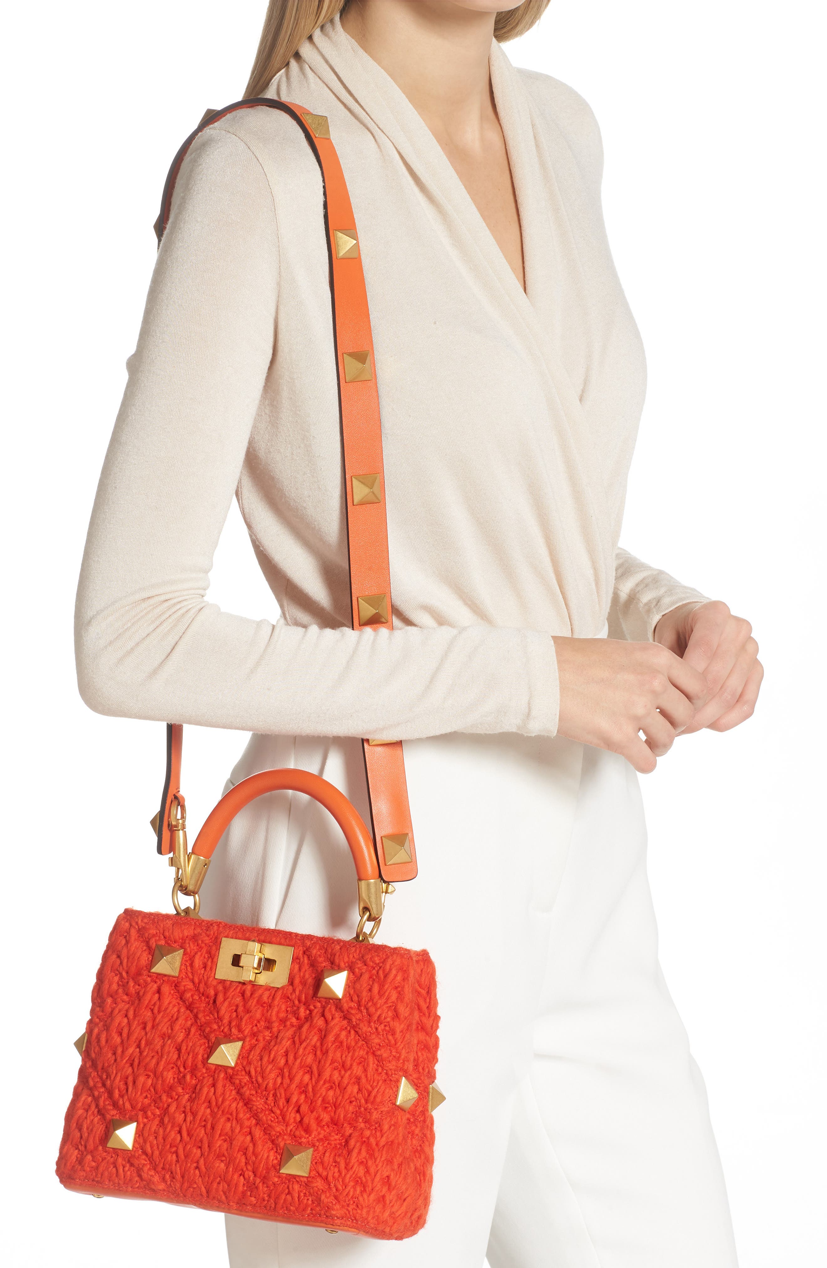Valentino Garavani Medium Roman Stud Crochet Wool Top Handle Bag, Alternate, color, 