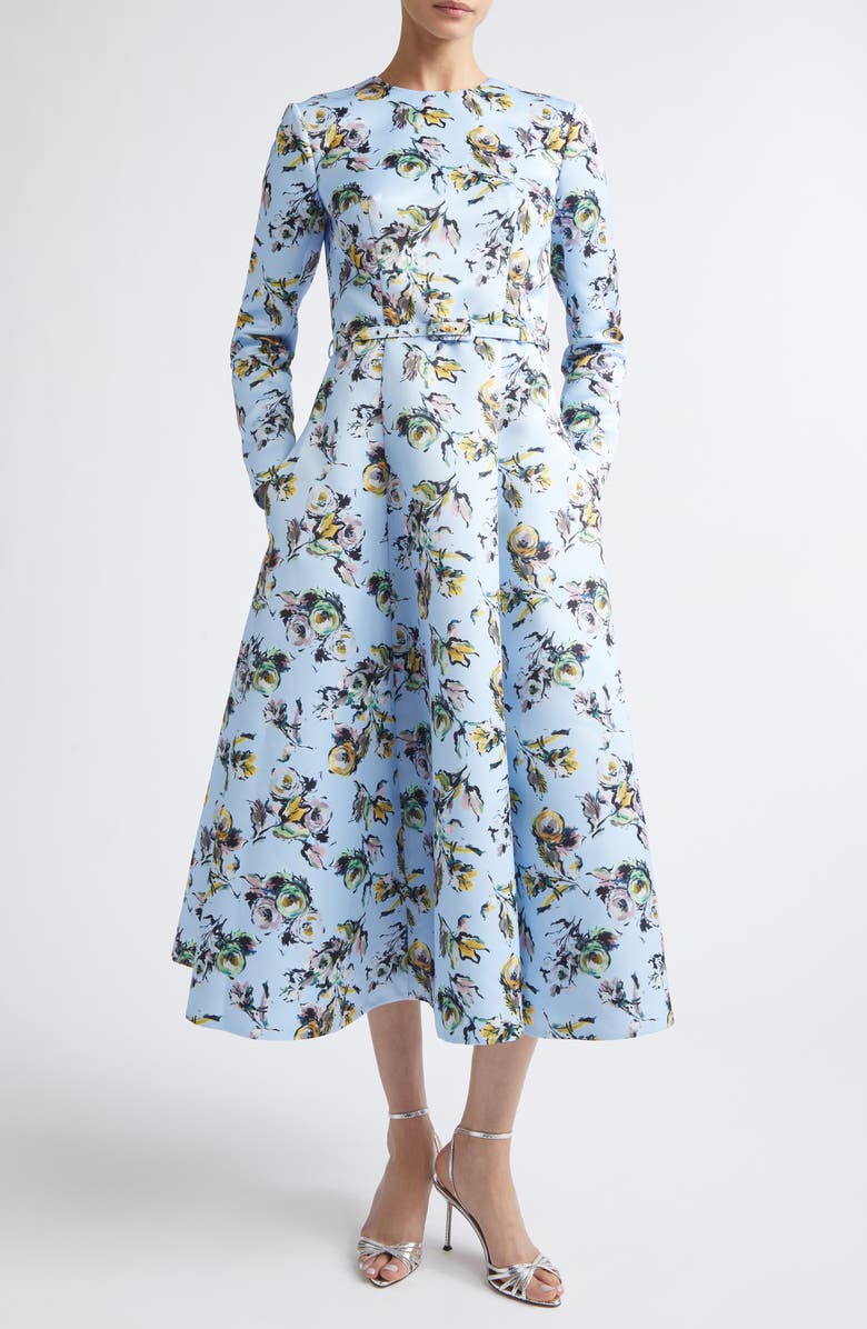 Emilia Wickstead Capucine Floral Long Sleeve Belted Genzianella Sateen Midi Dress, Main, color, Floral Green/Yellow On Blue