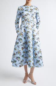 Emilia Wickstead Capucine Floral Long Sleeve Belted Genzianella Sateen Midi Dress