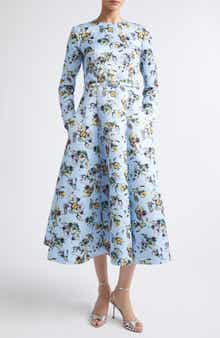 Capucine Floral Long Sleeve Belted Genzianella Sateen Midi Dress