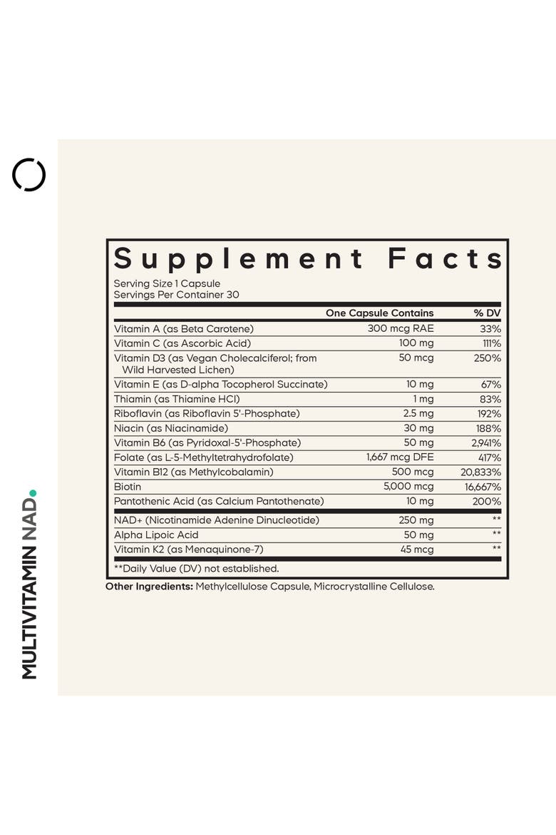 Multivitamin NAD+, D3, K2, Methylated B12, P5P, ALA, Folate Supplement, Alternate, color, White