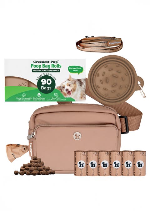 Walk Star Kit 3-in-1 Dog Walk Bag, Bowl, & Leash plus Matching 90 Refill Dog Poop Bags