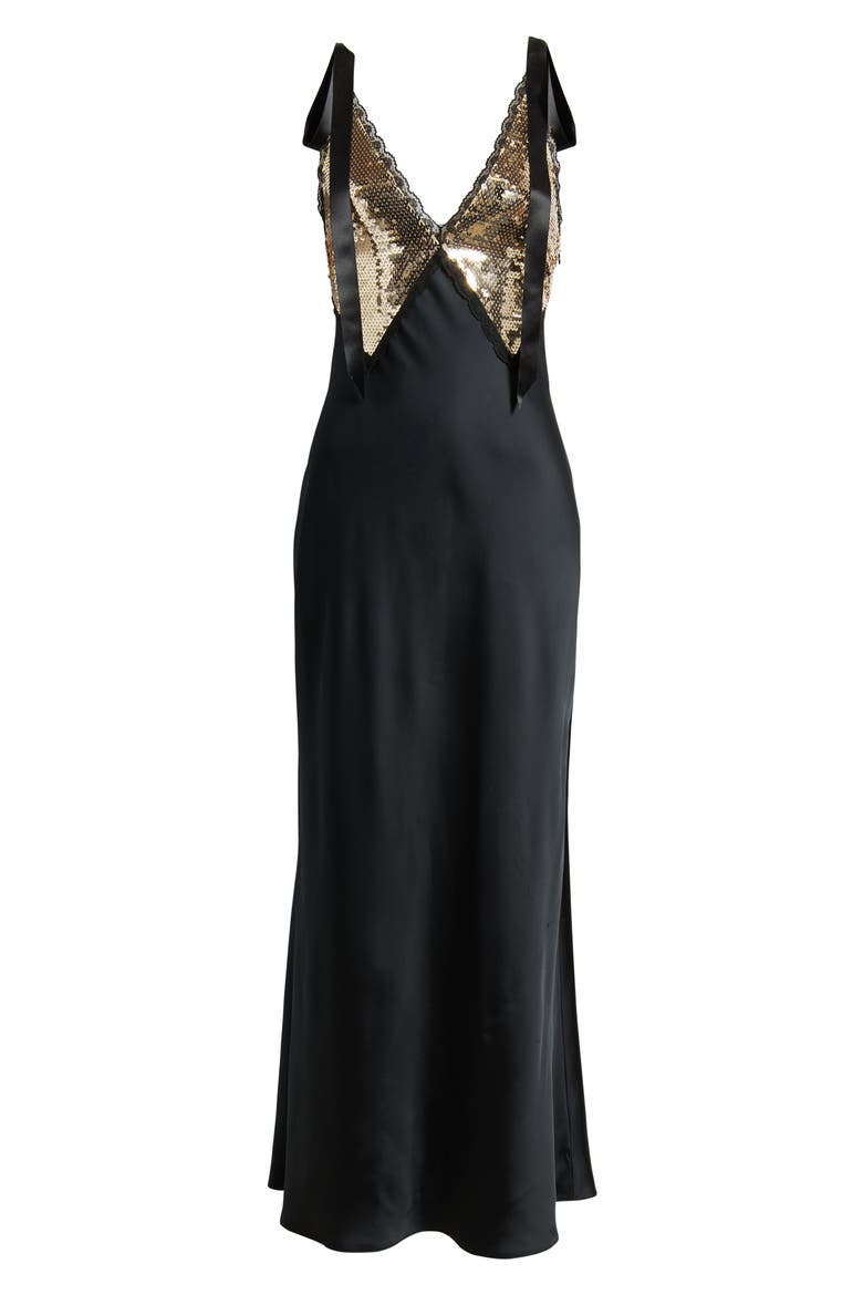 Talissa Sequin Sleeveless Satin Maxi Dress, Alternate, color, BLACK
