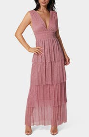 bebe Plunge Neck Tiered Maxi Dress