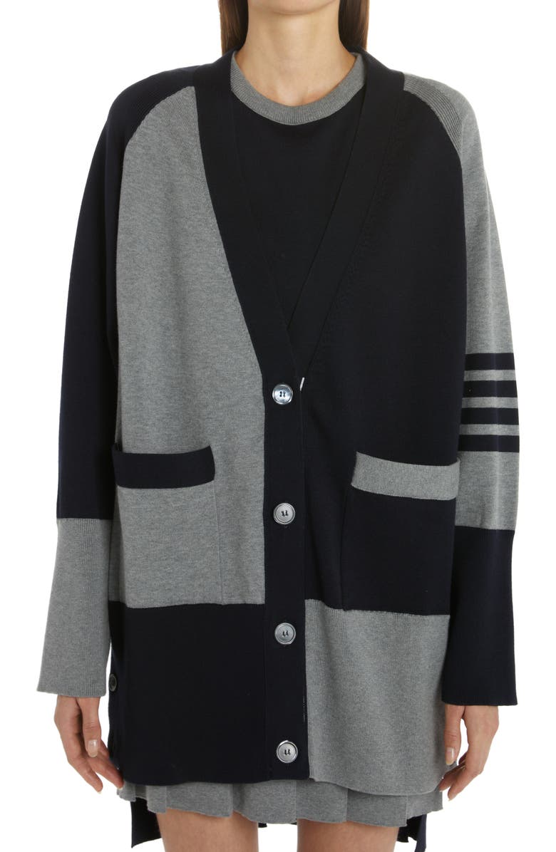 Thom Browne 4-Bar Colorblock V-Neck Cotton Cardigan, Main, color, 