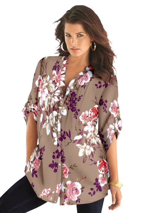 Pintuck Tunic Blouse Y-Neck & Roll-Tab Sleeves (Plus)