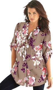 Roaman's Pintuck Tunic Blouse Y-Neck & Roll-Tab Sleeves