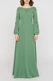 Kay Unger Valentina Embroidered Long Sleeve Gown