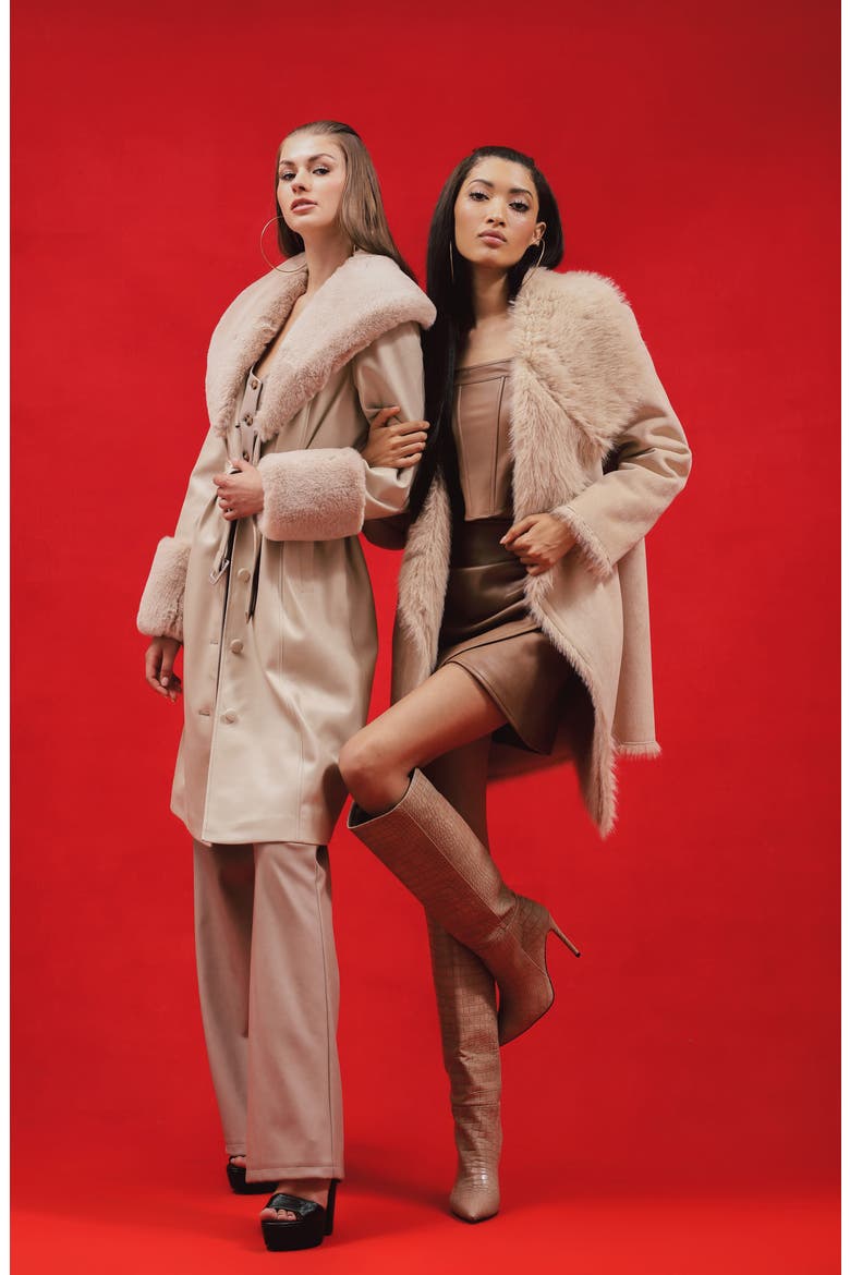 Faux Fur & Faux Leather Coat, Alternate, color, PEBBLE