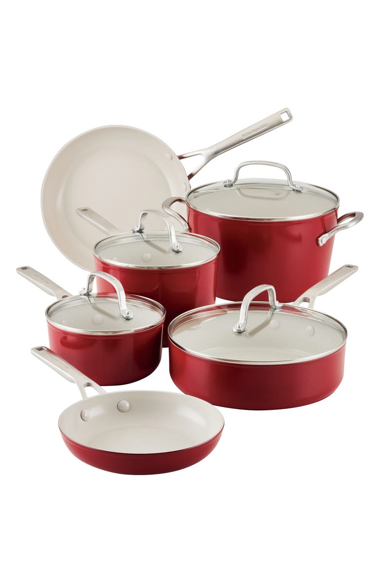 KITCHENAID Hard Anodized Ceramic Aluminum Nonstick 10-Piece Cookware Set with Lids, Main, color, Red