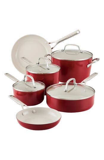 Kitchenaid Hard Anodized Ceramic Aluminum Nonstick 10-piece Cookware Set With Lids In Red