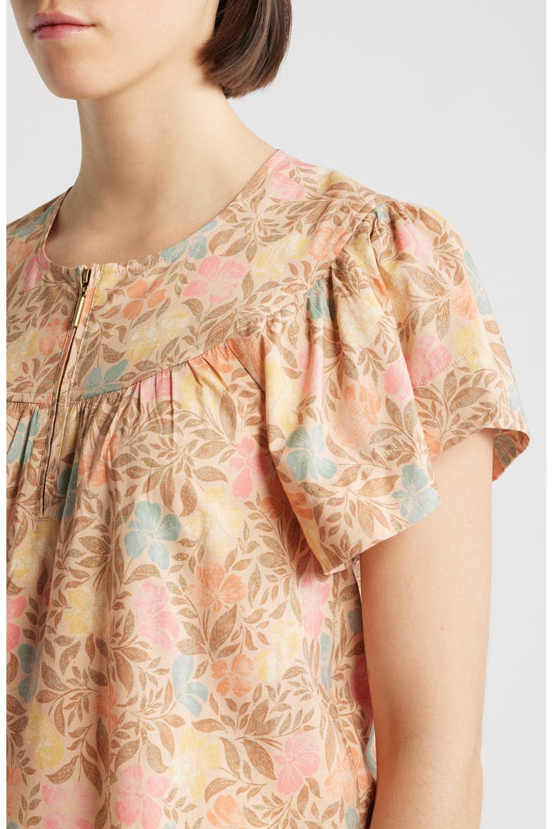 Floral Flutter Sleeve Quarter Zip Top, Alternate, color, GOLDEN SUGAR MULTI
