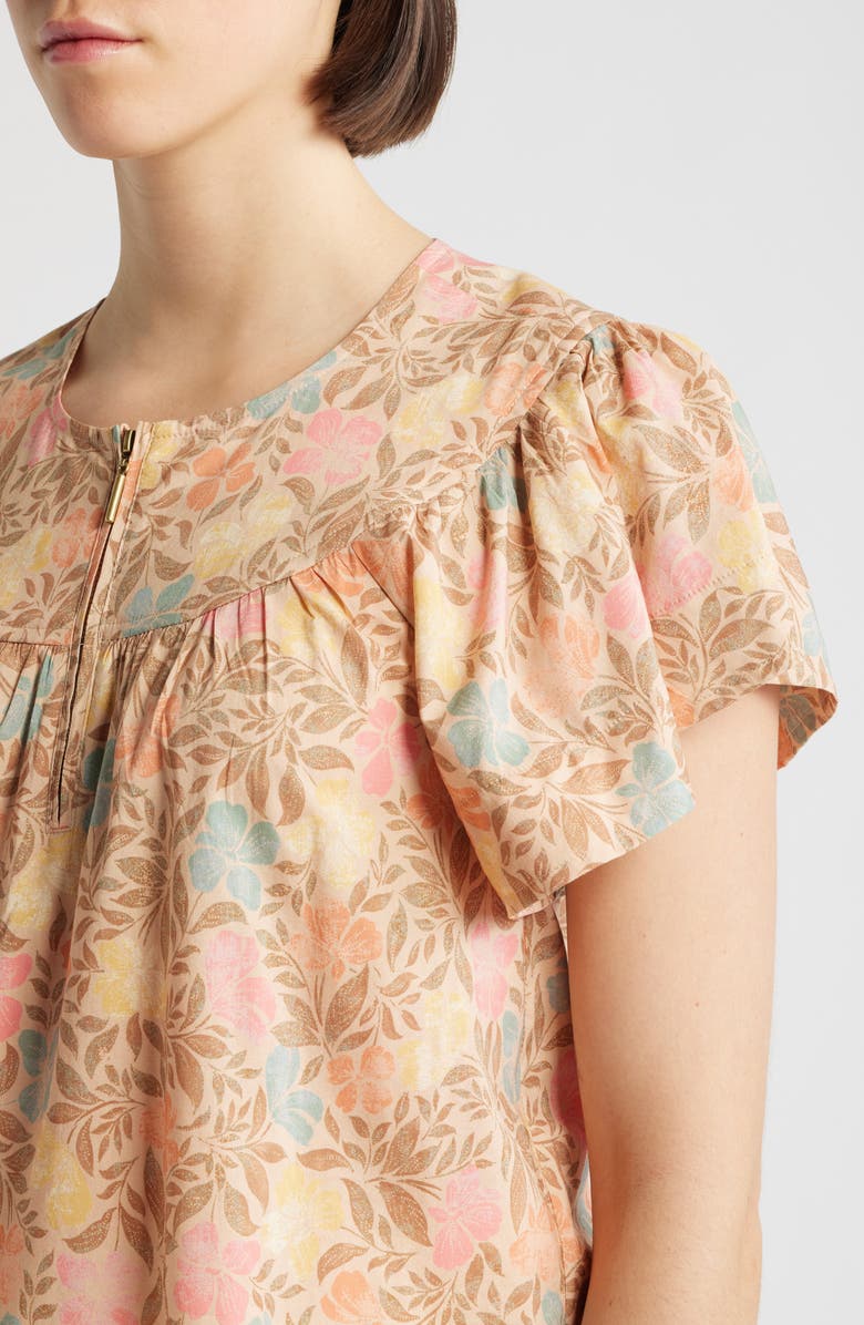 Wit & Wisdom Floral Flutter Sleeve Quarter Zip Top, Alternate, color, Golden Sugar Multi