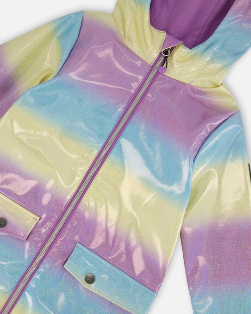 DEUX PAR DEUX DEUX PAR DEUX LITTLE GIRL'S PRINTED RAIN COAT WITH HAT MAUVE BLUE AND YELLOW GLITTER GRADIENT