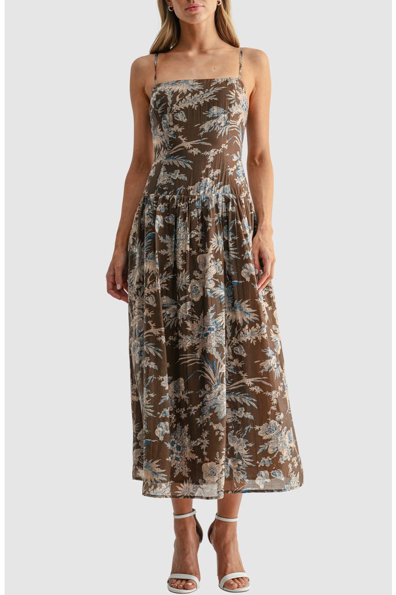 Square Neck Floral Tiered Midi Dress, Main, color, BROWN BLUE FLORAL