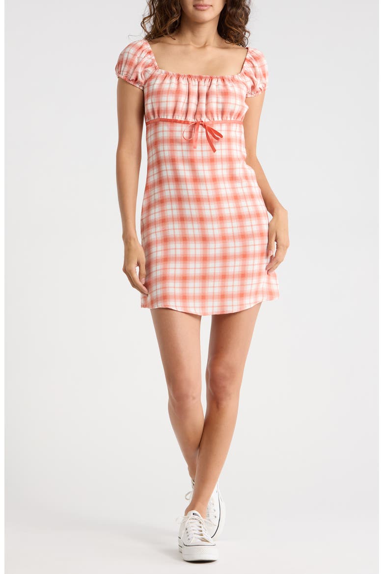 Plaid Puff Sleeve A-Line Minidress, Main, color, RUST CREAM