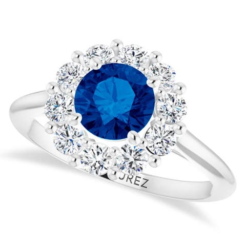 Round Lab Blue Sapphire & Diamond Halo Ring 14K