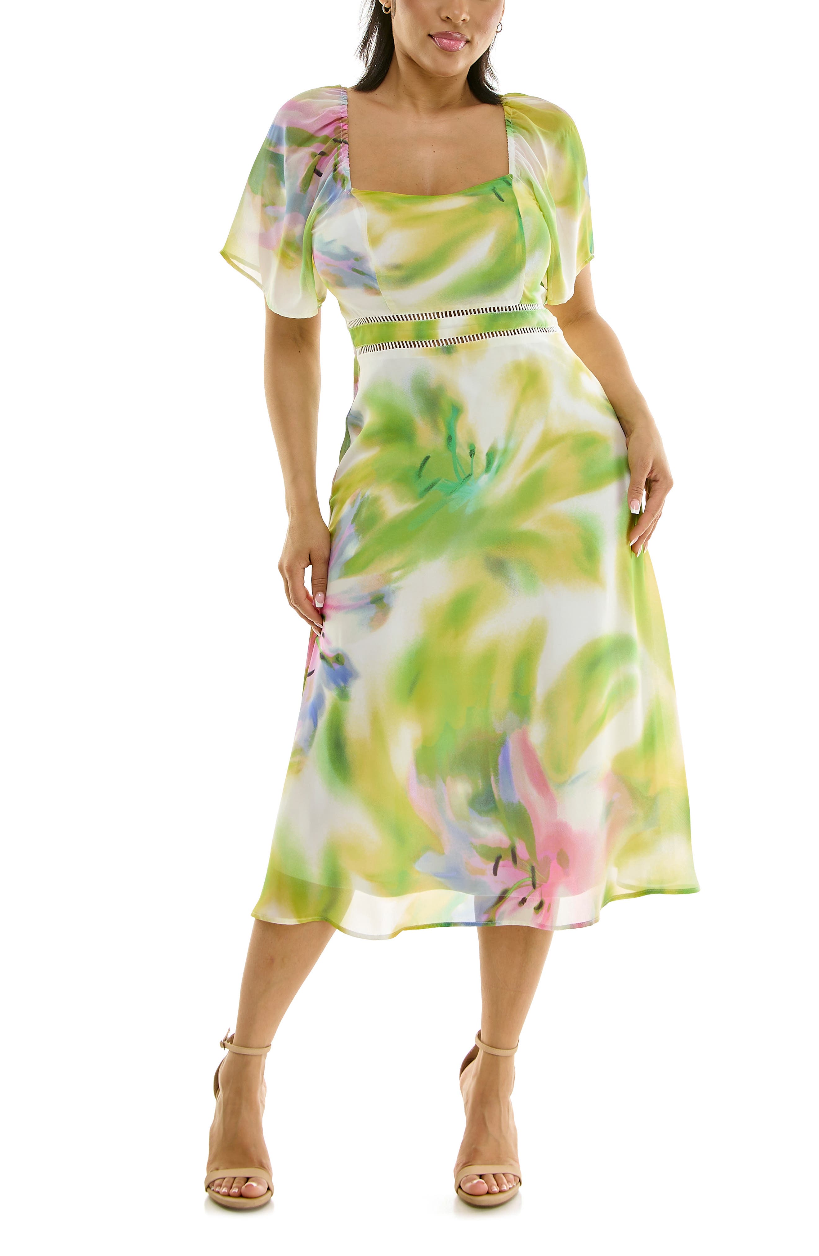 Nina Leonard Flutter Sleeve Sweetheart Midi Dress