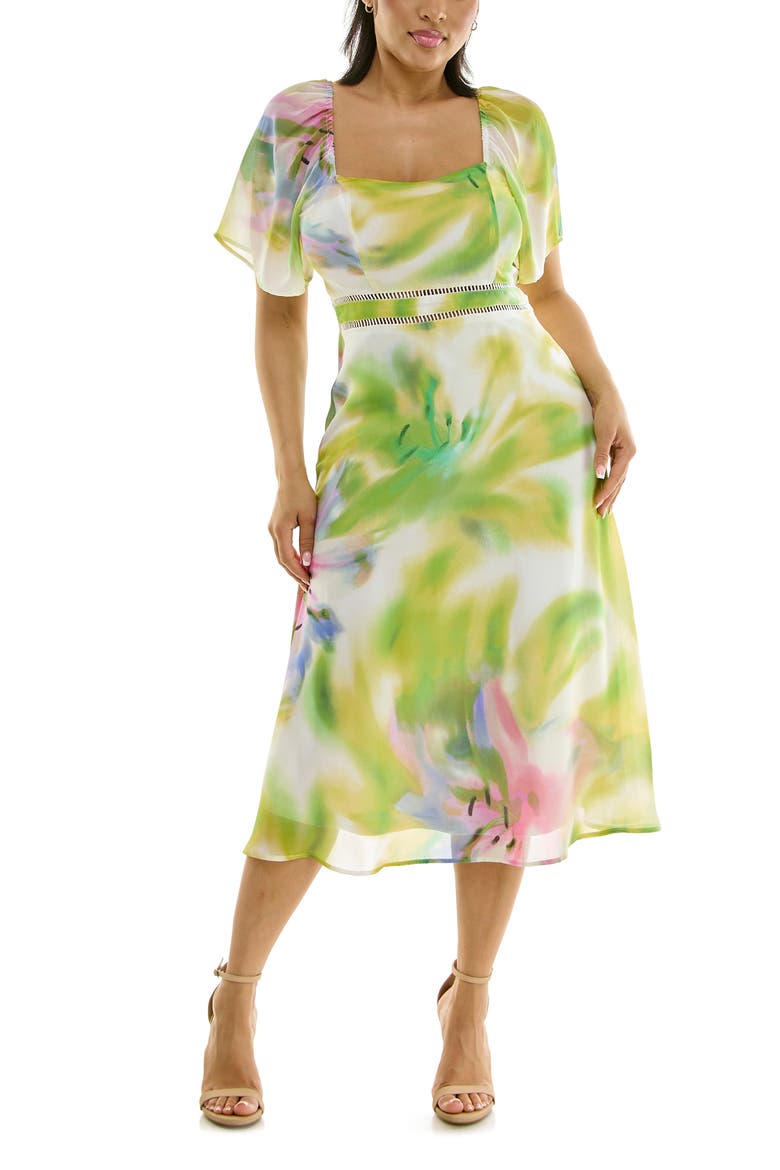 Flutter Sleeve Sweetheart Midi Dress, Main, color, BLUE VIOLET MULTI
