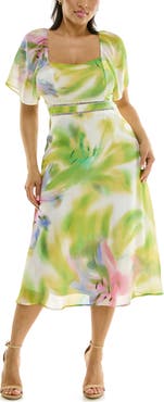 Nina Leonard Flutter Sleeve Sweetheart Midi Dress