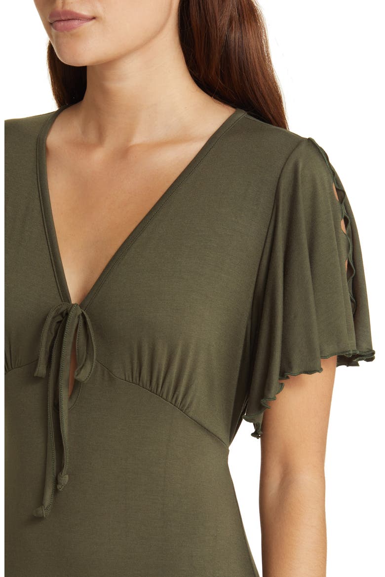 Flouncy Tie Front Asymmetric Hem Sheath Dress, Alternate, color, OLIVE