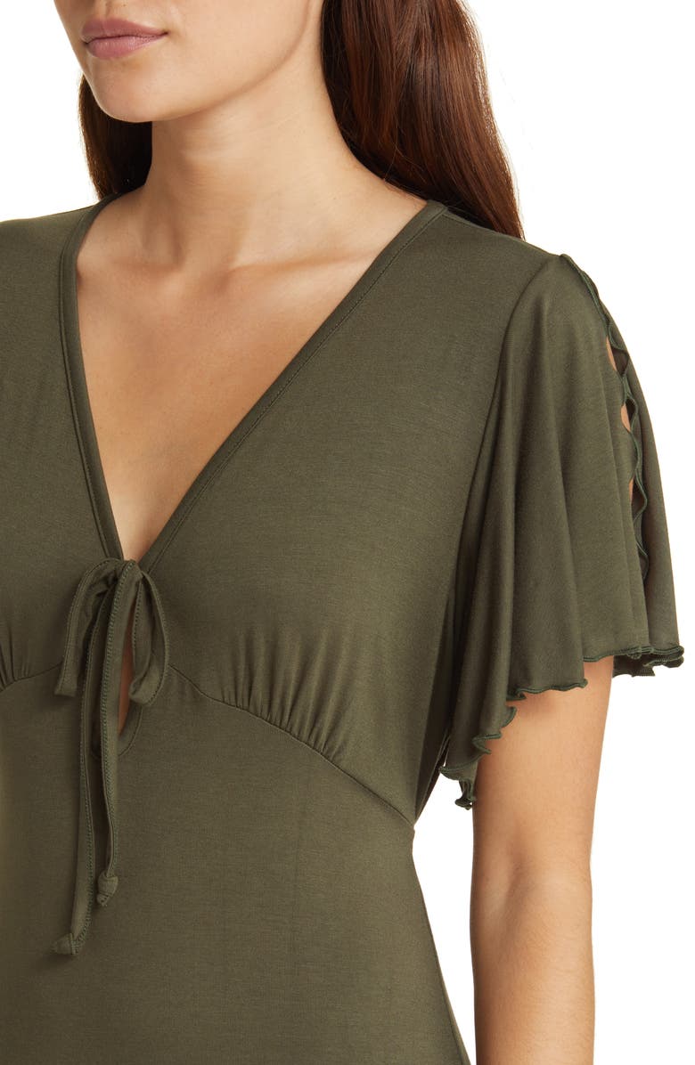 Loveappella Flouncy Tie Front Asymmetric Hem Sheath Dress, Alternate, color, Olive