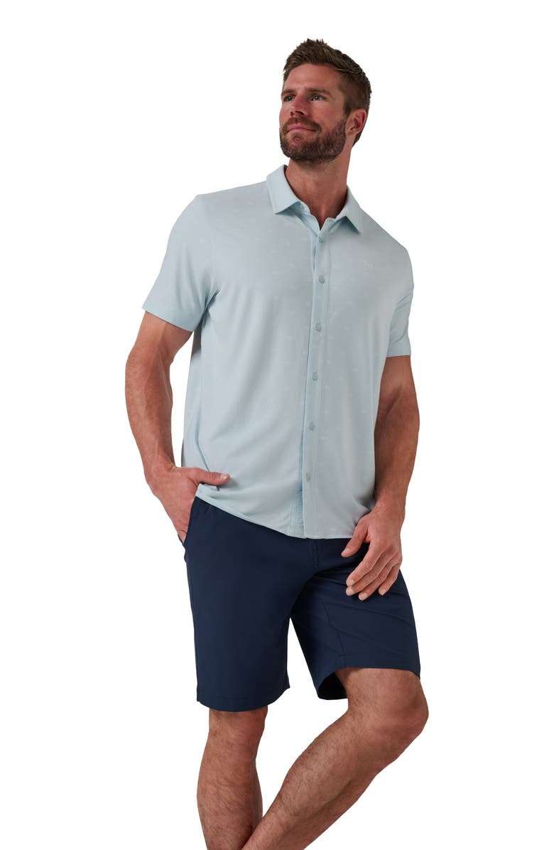 TravisMathew Shore of It Geo Print Short Sleeve Button-Up Knit Shirt, Alternate, color, Azzurro