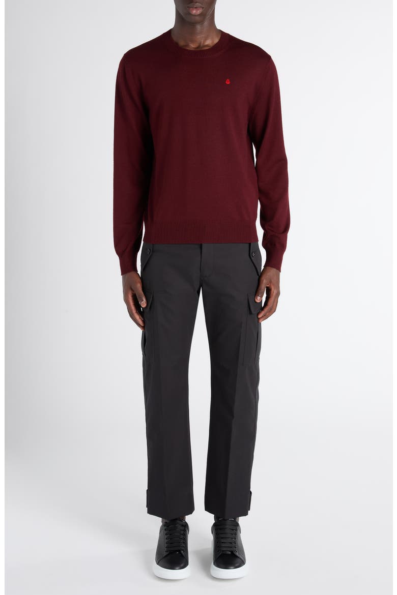 Embroidered Skull Wool Crewneck Sweater, Alternate, color, OXBLOOD - FIERY RED