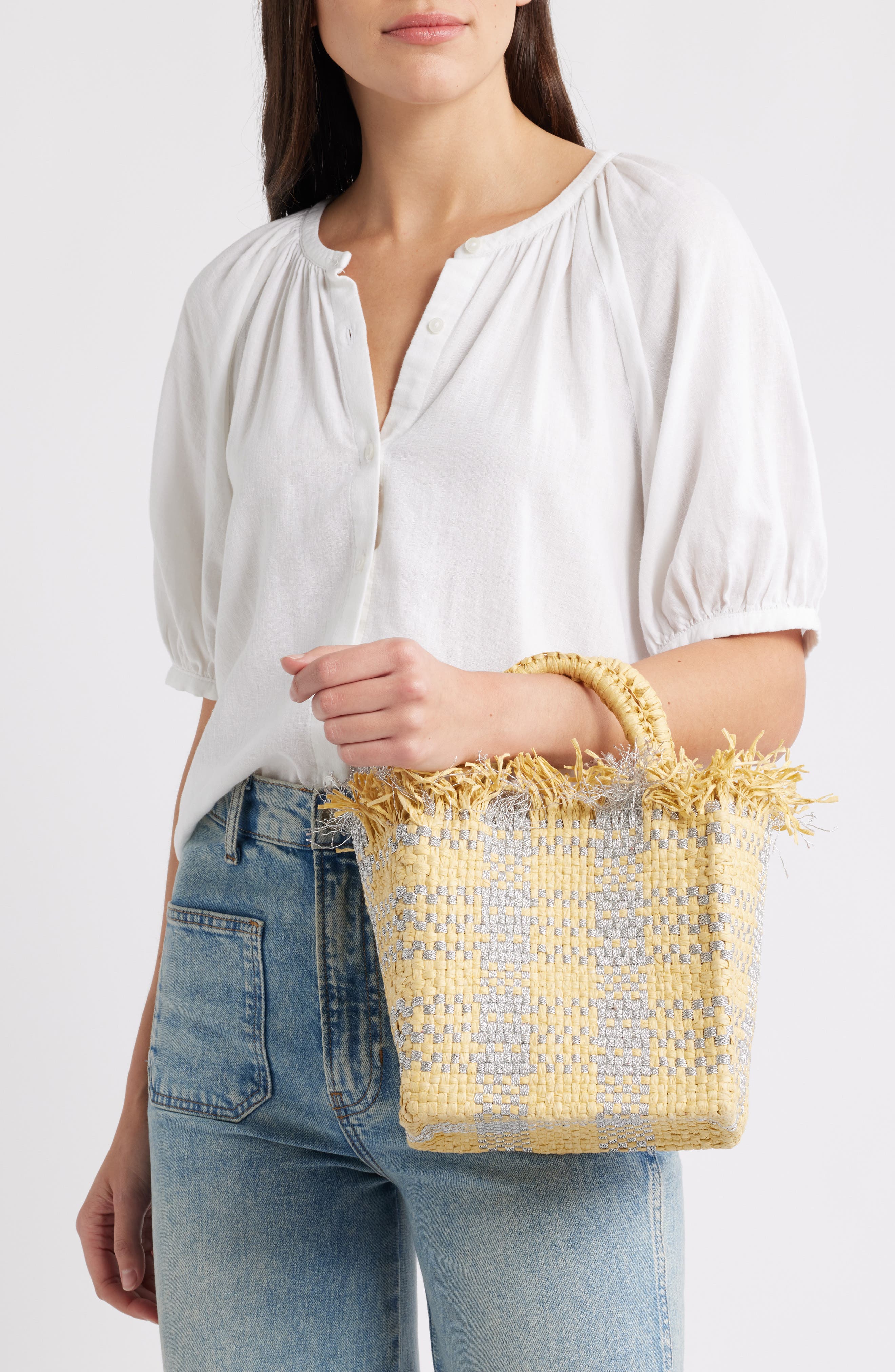 Pamela Munson Mini Check Mate Raffia Handbag, Alternate, color, Silver