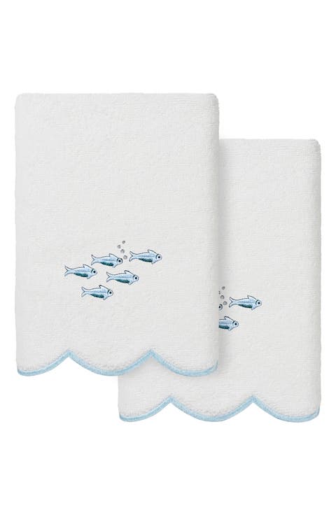 2-Piece Fish School Embroidered Turkish Cotton Hand Towel Set