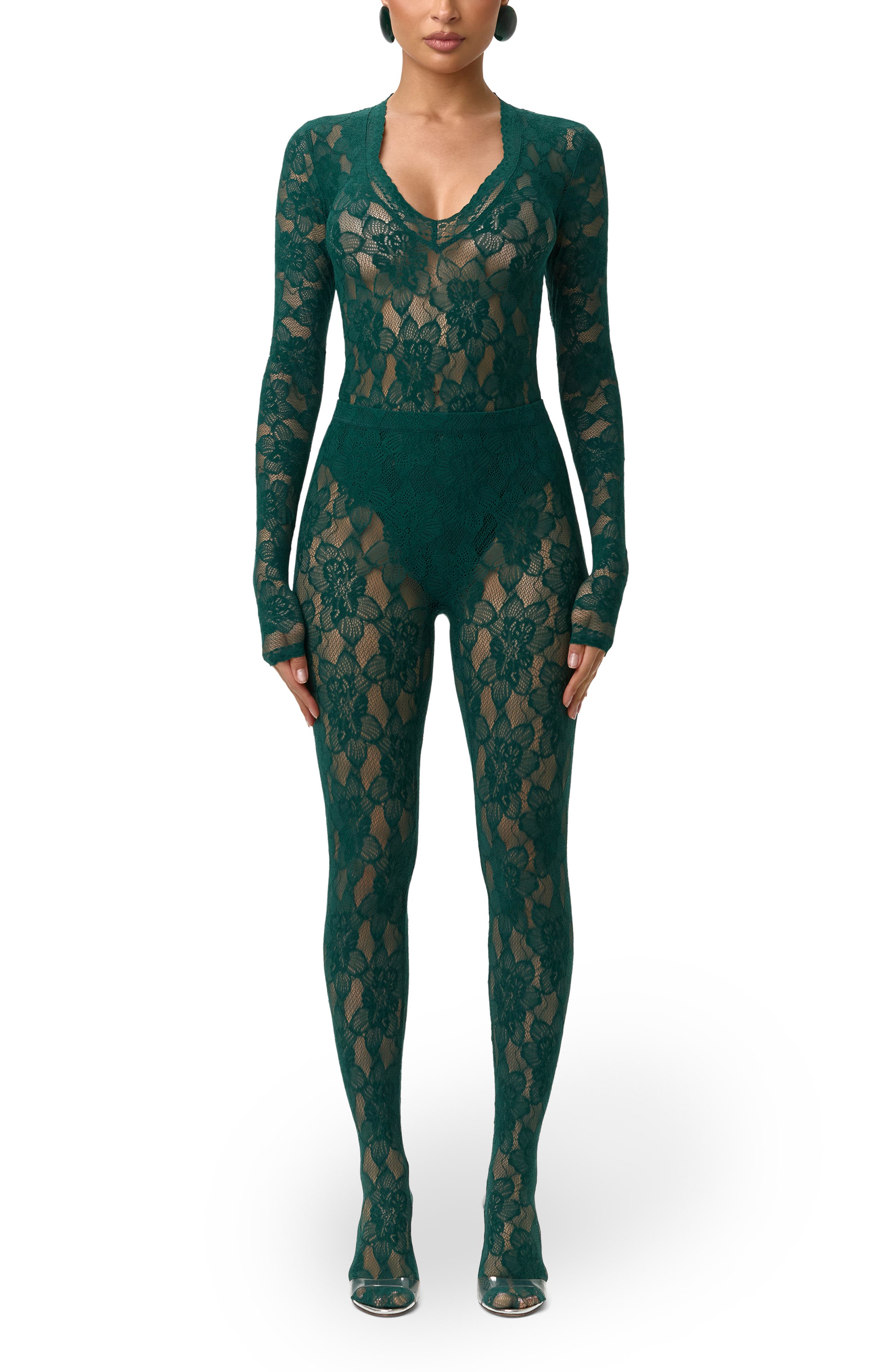 Deep V-Neck Long Sleeve Lace Bodysuit (Women) | Nordstrom