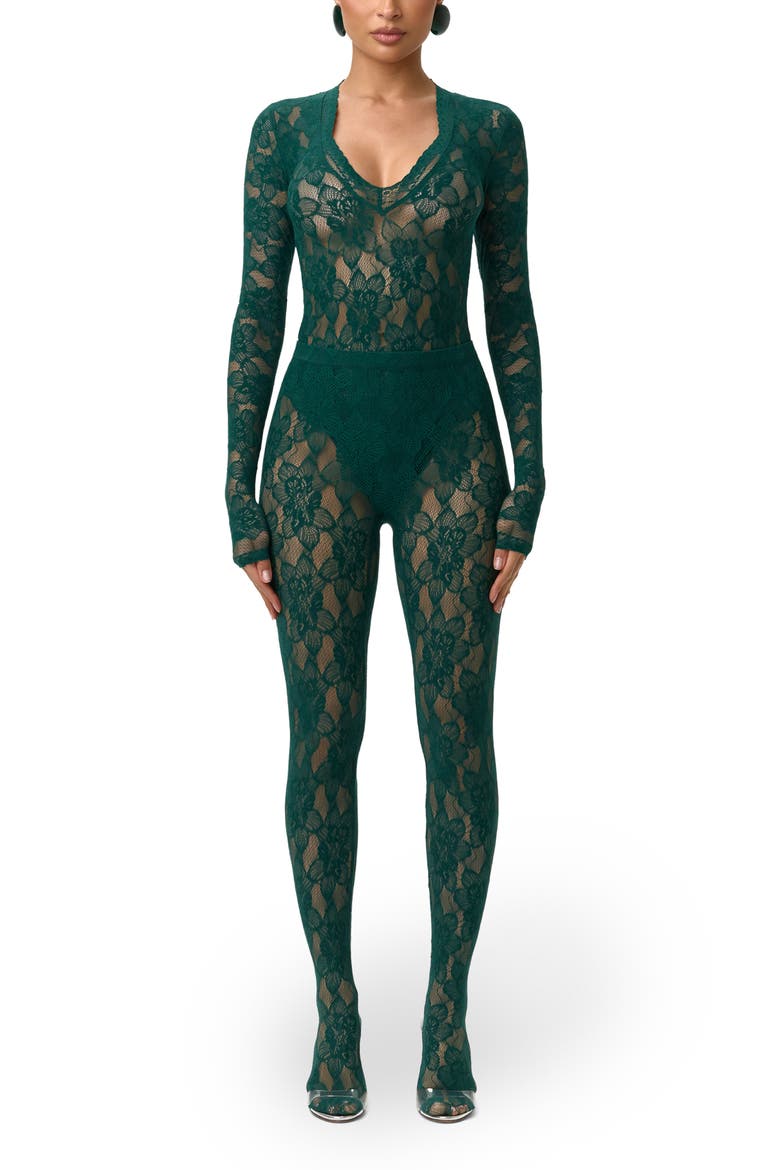 Deep V-Neck Long Sleeve Lace Bodysuit, Alternate, color, PINE GREEN