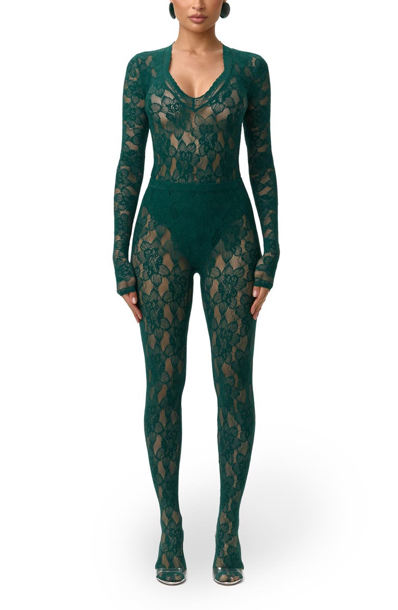 Naked Wardrobe Deep V-Neck Long Sleeve Lace Bodysuit, Alternate, color, Pine Green