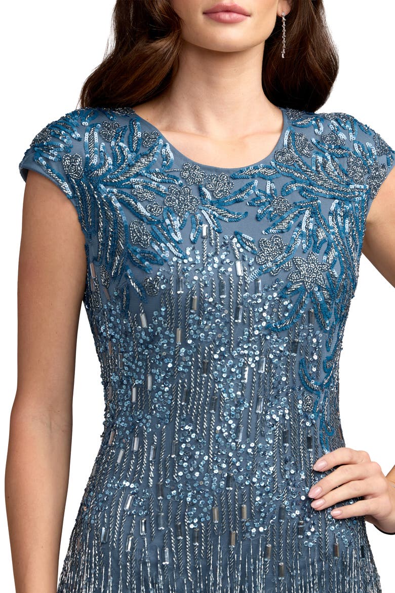 Embellished Cap Sleeve Gown With Fringe Beading, Alternate, color, Slate Blue