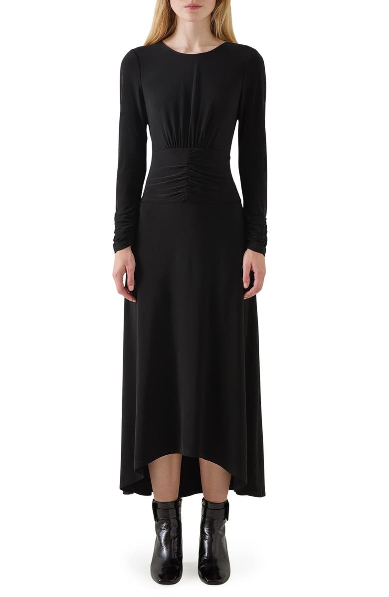 LK Bennett Christie Ruched Long Sleeve Maxi Dress, Main, color, Black