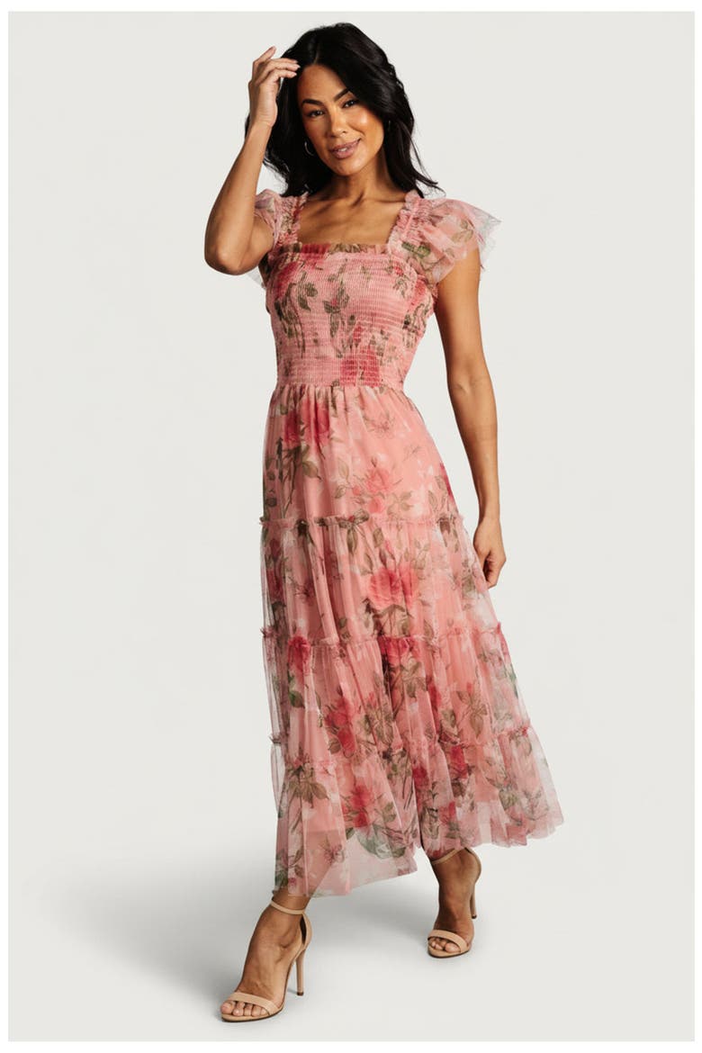 Clementine Tulle Midi Dress, Main, color, Pink Rose Floral