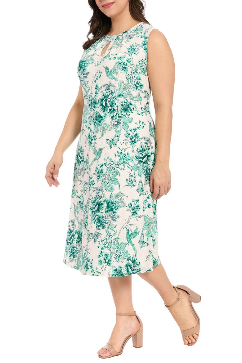 Floral Keyhole A-Line Midi Dress, Alternate, color, SOFT WHITE/ TEAL